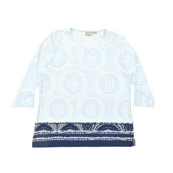Chico's Women's Blue & White Geometric Tunic Top Size 3 V Neck 3/4 Sleeves - Picture 1 of 8